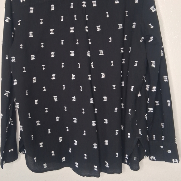LOFT Black Button-Up Long Sleeve Shirt White Embroidery Accents Preppy Boho Sz L - Picture 12 of 15